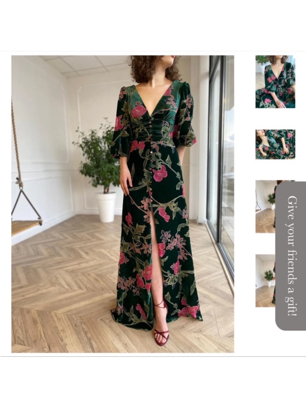 Floral V-Neck Green Maxi Dress with Front Slit